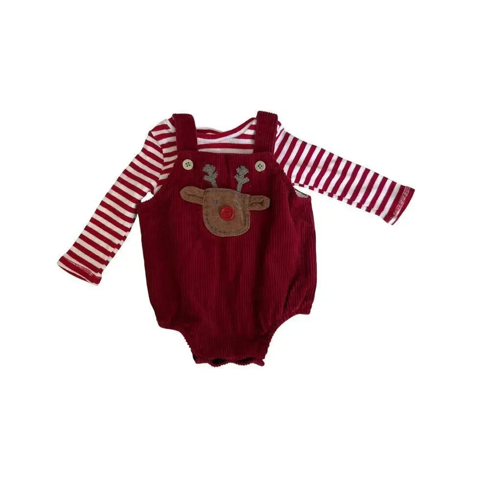 Mudpie Baby Red Reindeer Corduroy Bubble Set Size 6-9 M